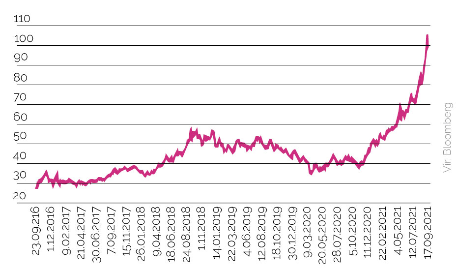 Graf rasti cen energentov od 23.9.2016 do 17.9.2021